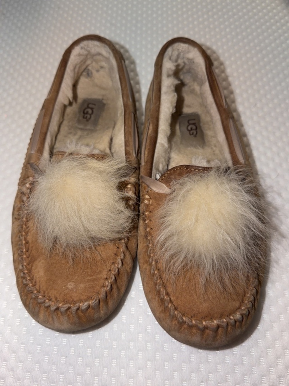UGG Chestnut Brown Suede Pom-Pom Moccasin Slippers